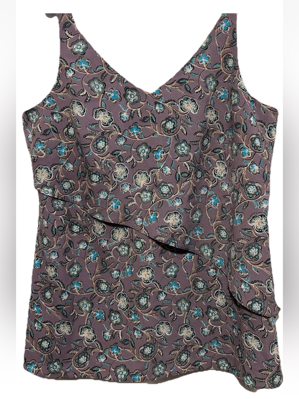 CAbi Top S Silky Purple Floral Print Layered Tank Shirt Blouse Womens Size Small